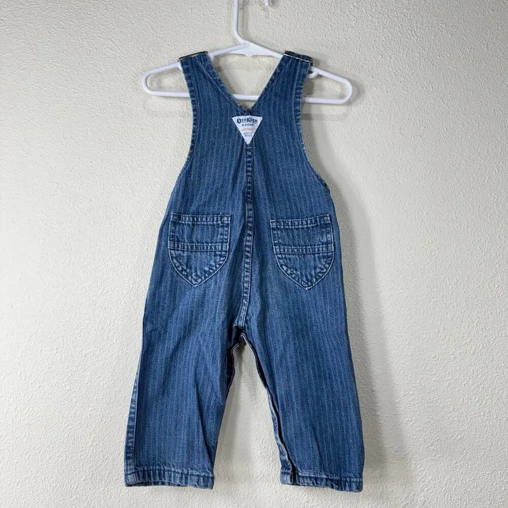 Vintage 80s OshKosh B'Gosh Pink Striped Toddler Baby Vestbak Denim Overall 18 Mo